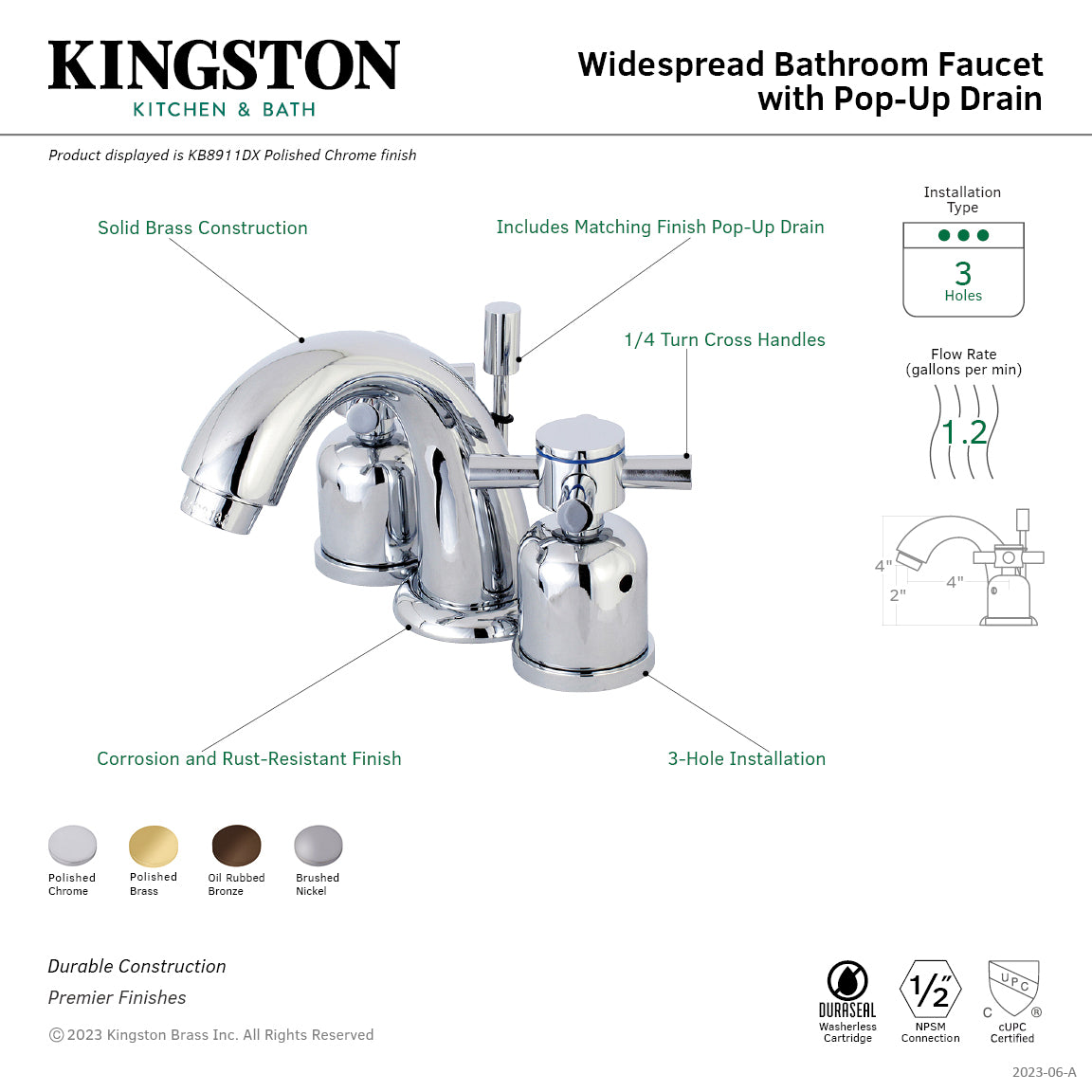Kingston Tulare KB8915DX - Concord Two-Handle 3-Hole Deck Mount Widespread Bathroom Faucet with Pop-Up Drain, Oil Rubbed Bronze — thumbnail 2